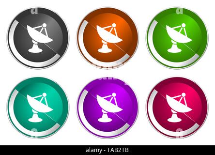 Antenne, Parabolantenne Symbol, Set silber metallic runde Symbole in sechs Farben auf weißem Hintergrund, modernes Design Vector illustrati Stock Vektor