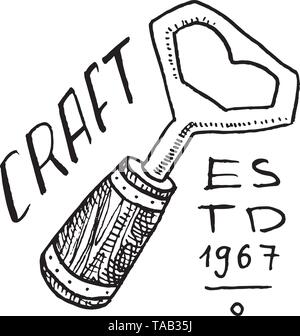 Öffner für Bier im Vintage Style. Alkoholische Label mit kalligrafischen Elementen. Klassische amerikanische Abzeichen für Poster Banner. Hand graviert Skizze Stock Vektor