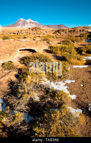 Felsformationen von trockenen Lava, mit Cerro Miniques im Hintergrund im Altiplano, Los Flamencos National Reserve, Atacama-wüste, Chile, Südafrika Amer Stockfoto