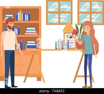 Paar in die Arbeit im Büro mit weißem Hintergrund Stock Vektor