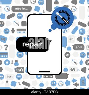 Konzept Reparatur von Handys. Telefonsymbol mit abstrakter Elemente, Symbole und Bubble chat. Abbildung: Banner im modernen Stil auf Muster. Stock Vektor