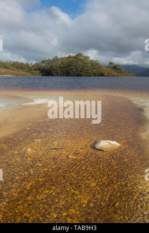 Tannin gefärbten Wasser fließt in Lake Pedder an Teds Beach am Lake Pedder im Südwesten Tasmanien Australien. Stockfoto