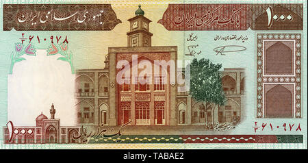 Banknote aus Iran, 1000 Rial, Imam Reza Heiligtum in Mashad und Fayziya Madrasa in Qom, 1982 Stockfoto