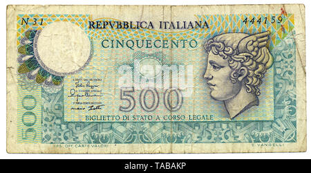 Banknote aus Italien, 500 Lire, Mercurio, 1974 Stockfoto