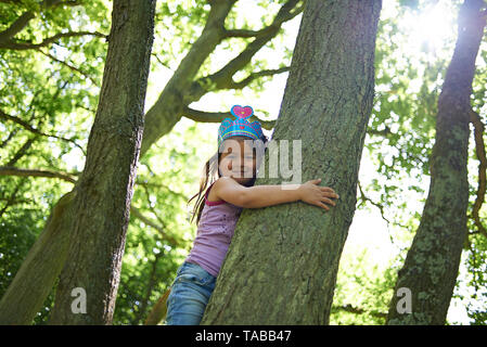 Nette junge Asiatin auf einen Baum und liebevoll umarmen den großen Stamm des Baums Stockfoto