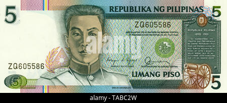 Banknoten aus den Philippinen, 5 Peso, Piso, Emilio Aguinaldo y Famy, 2006, Bank Note aus den Philippinen Stockfoto