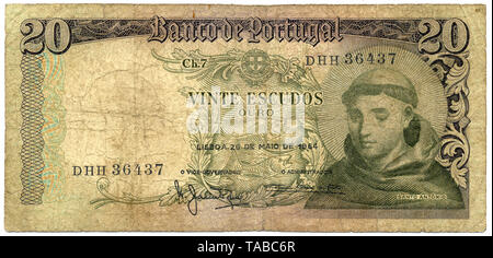 Banknote aus Portugal, 20 Escudos, der Heilige Antonius von Padua, Santo Antonio, 1964 Stockfoto