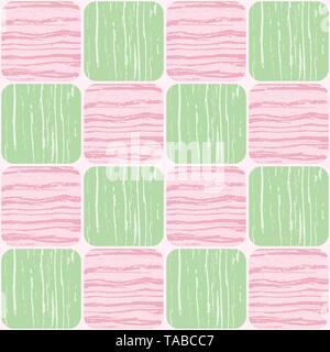 Pastell rosa und grüne Quadrate mit gestreifte Textur im Raster Design. Die nahtlose Vektor geometrische Muster auf weißem Hintergrund. Toll für Sommer, Schönheit Stock Vektor