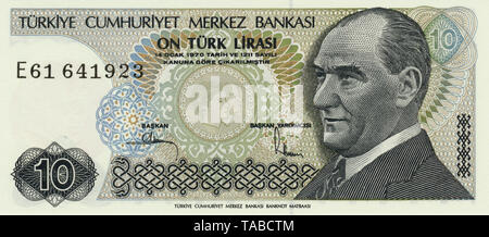 Banknote aus der Sprache 10 Lira, Kemal Atatürk, 1982, Banknote aus der Türkei Stockfoto