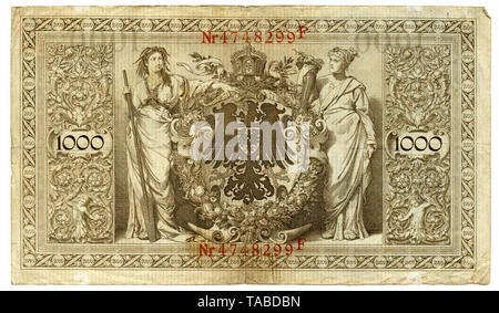 Rückseite der Reichsbank Banknote, Rückseite, Reichsbanknote 1000 Mark, 1910, Deutschland, Europa Stockfoto