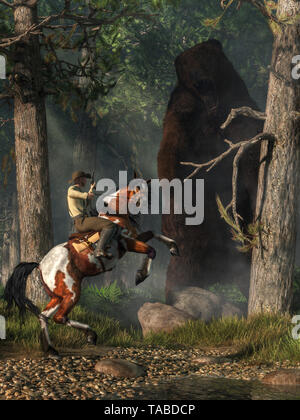 Ein Cowboy auf der Rückseite einer Aufzucht Pferd mit einem Gewehr in der Hand Begegnungen eine massive Monster grizzly Bär im Wald. 3D-Rendering Stockfoto