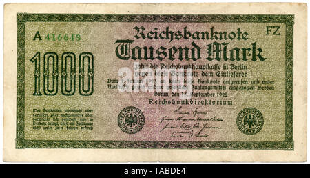 Historischer Geldschein, Reichsbanknote 1000 Mark, 1922, Deutschland, Europa Stockfoto