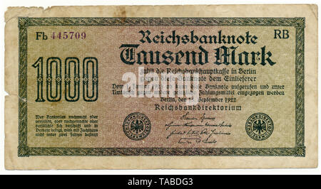 Vor der Reichsbank Banknote, Vorderseite einer Banknote, Reichsbanknote 1000 Mark 1922 Inflationsgeld, Deutschland, Europa Stockfoto