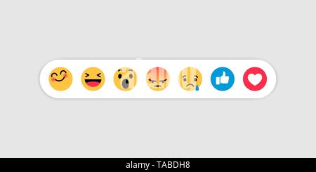 Smiley, Daumen hoch, Herz. Lustige Flachbild emoji Emoticon Reaktionen. Soziale lächeln Ausdruck Sammlung. Gelbe Farbe lächelnd, weinen, wütend, ängstlich, Stock Vektor