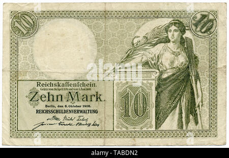 Rückseite der Reichsbank Banknote, Rückseite, Reichskassenschein, Reichsbanknote, 10 Mark, 1906, Deutschland, Europa Stockfoto