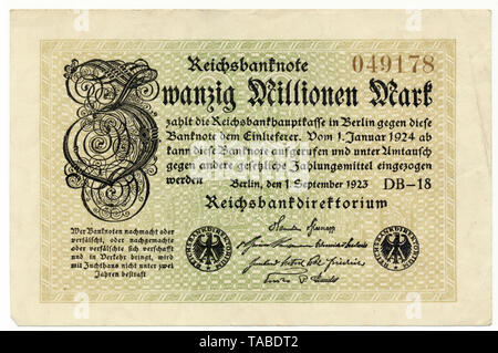 Vor der Reichsbank Banknote, Vorderseite einer Banknote, Reichsbanknote, 20 Millionen Mark, 1923, Inflationsgeld, Deutschland, Europa Stockfoto