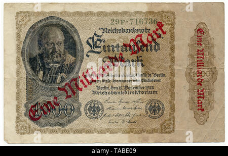 Vor der Reichsbank Banknote, Vorderseite einer Banknote, Reichsbanknote 1000 Mark überdruckt mit 1 Millionen Mark, 1922, Inflationsgeld, Deutschland, Europa Stockfoto