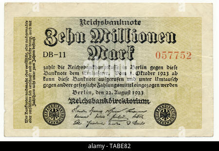 Vor der Reichsbank Banknote, Vorderseite einer Banknote, Reichsbanknote, 10 Millionen Mark, 1923, Inflationsgeld, Deutschland, Europa Stockfoto