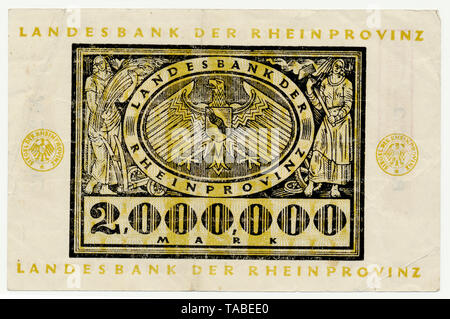 Rückseite der Reichsbank Banknote, Rückseite einer Banknote, Landesbank der Rheinprovinz, 2 Millionen Mark, 1924, Inflationsgeld, Deutschland, Europa Stockfoto