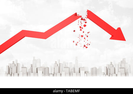 3D-Rendering von Red Broken finanzielle Diagramm Pfeil auf weißem Wolkenkratzer Hintergrund Stockfoto