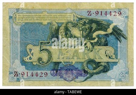 Rückseite der Reichsbank Banknote, Rückseite, Reichskassenschein, Reichsbanknote, 5 Mark, 1904, Deutschland, Europa Stockfoto