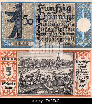 Notgeld aus Berlin Friedrichshain, 1921, 50 Pfennig, Vorder-und Rückseite, Motiv Berliner Bär und Überfahrt zum Stralauer Fischzug von 1825, Deutschland, Europa, Not Währung, Banknote, Deutschland, Europa Stockfoto