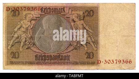 Rückseite der Reichsbank Banknote, Rückseite, Reichsbanknote, 20 RM (Reichsmark), 1929, Deutschland, Europa Stockfoto