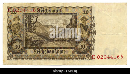 Rückseite der Reichsbank Banknote, Rückseite, Reichsbanknote, 20 RM (Reichsmark), 1939, Deutschland, Europa Stockfoto