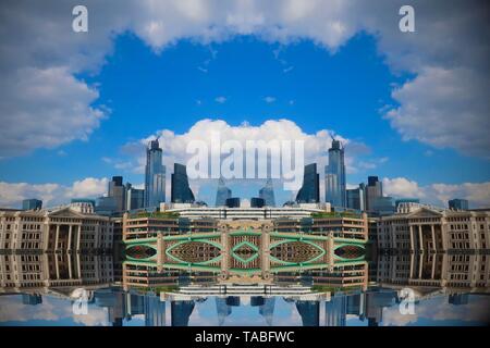 London, UK, 21. Mai 2019: Fantasy Stadtbild. Mit einem Kaleidoskop Filter erstellt. Stockfoto