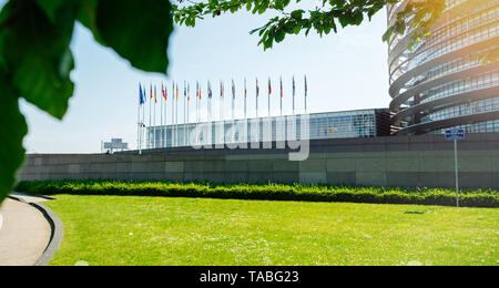 Breite Fassade des Europäischen Parlaments, durch die grünen Pappeln der Zentrale in Straßburg einen Tag vor den Wahlen zum Europäischen Parlament 2019 Stockfoto