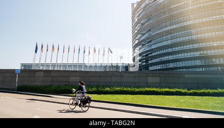 Straßburg, Frankreich, 23. Mai 2019: Rückansicht der erwachsenen Frau auf Fahrrad mit Hauptsitz des Europäischen Parlaments Gebäude im Hintergrund alle EU-Mitgliedstaaten Fahnen schwenkten Stockfoto