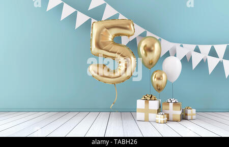 Happy 5th Birthday Party Feier Ballon, Bunting und Geschenkverpackung. 3D-Rendering Stockfoto