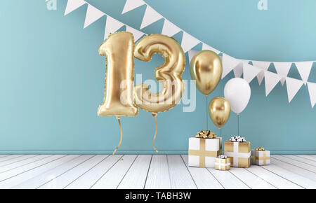 Happy 13 Birthday Party Feier Ballon, Bunting und Geschenkverpackung. 3D-Rendering Stockfoto