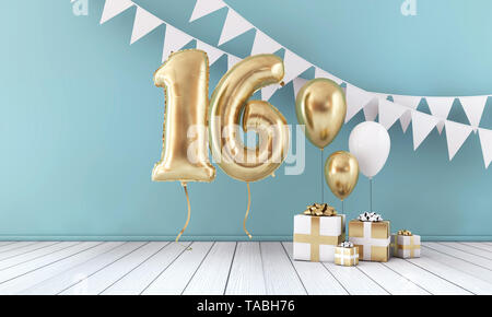 Happy 16 Birthday Party Feier Ballon, Bunting und Geschenkverpackung. 3D-Rendering Stockfoto