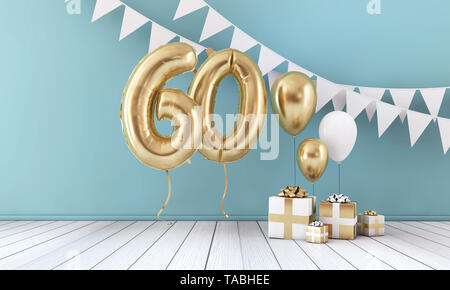 Happy 60th birthday Party Feier Ballon, Bunting und Geschenkverpackung. 3D-Rendering Stockfoto