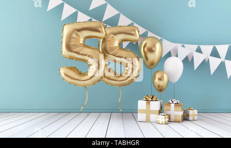 Happy 55th birthday Party Feier Ballon, Bunting und Geschenkverpackung. 3D-Rendering Stockfoto