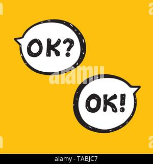 Sprechblasen OK OK Frage und Antwort. Symbol für eine Einigung, zustimmend, Konzept für erfolgreiche Verhandlungen, Genehmigung, Symbol der Akzeptanz Stock Vektor