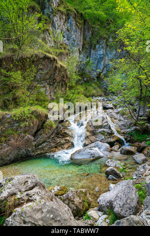 Wunderbare Aussicht auf die vertova Torrent bei Sonnenuntergang, in der Mitte des Orobiche Berge mit seinen wunderschönen kleinen Wasserfällen. Stockfoto