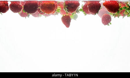 Nahaufnahme der viele frische reife Erdbeeren Schwimmen im klaren Wasser mit Luftblasen vor weißem Hintergrund Stockfoto