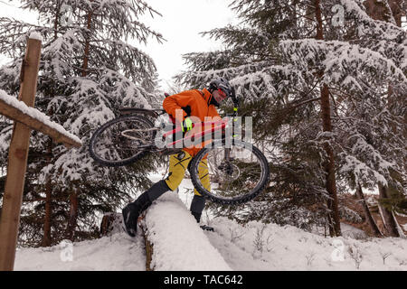 Mann mit dem Mountainbike Kreuzung gefallenen Baum auf dem Weg im Winter Wald Stockfoto