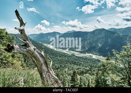 Deutschland, Bayern, Blick über das Isartal zwischen Wallgau und Vorderriss mit Karwendelgebirge im Hintergrund Stockfoto