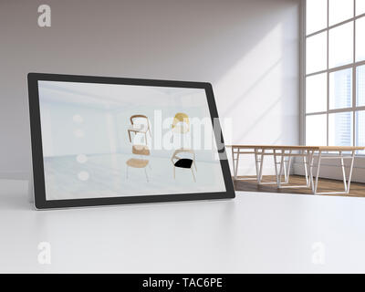 3D-Rendering, Digital Tablet in modernen Loft mit Möbeln auf Anzeige, Online Shopping für Stühle Stockfoto