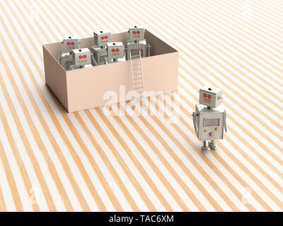 3D-Rendering, Spielzeug Roboter Flucht aus einer Box Stockfoto
