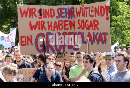 Rostock, Deutschland. 24. Mai, 2019. Studenten protestieren mit Plakaten mit der Aufschrift zeigen: "Wir sind sehr verärgert! Wir haben sogar einen großen 'Poster' während des Freitags für Zukunft - Klima Streiks für die Umsetzung der Paris Klimaabkommen. Der Anruf für Demonstrationen war auch vor dem Hintergrund der aktuellen europäischen Wahlen gemacht hat. Quelle: Bernd Wüstneck/dpa/Alamy leben Nachrichten Stockfoto