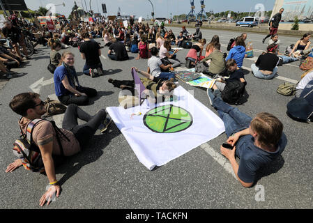 Rostock, Deutschland. 24. Mai, 2019. Studenten eine Straße kurzfristig während des Freitags für Zukunft - Klima Streiks für die Umsetzung der Paris Welt Klimaabkommen besetzen. Der Anruf für Demonstrationen war auch vor dem Hintergrund der aktuellen europäischen Wahlen gemacht hat. Quelle: Bernd Wüstneck/dpa/Alamy leben Nachrichten Stockfoto