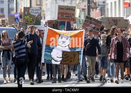 Rostock, Deutschland. 24. Mai, 2019. Studenten protestieren mit Plakaten mit der Aufschrift zeigen" der Schnee muss weitergehen!" Während des Freitags für Zukunft - Klima Streiks für die Umsetzung der Paris Welt Klimaabkommen. Der Anruf für Demonstrationen war auch vor dem Hintergrund der aktuellen europäischen Wahlen gemacht hat. Quelle: Bernd Wüstneck/dpa/Alamy leben Nachrichten Stockfoto
