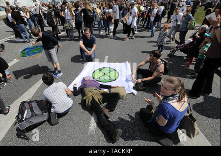 Rostock, Deutschland. 24. Mai, 2019. Studenten eine Straße kurzfristig während des Freitags für Zukunft - Klima Streiks für die Umsetzung der Paris Welt Klimaabkommen besetzen. Der Anruf für Demonstrationen war auch vor dem Hintergrund der aktuellen europäischen Wahlen gemacht hat. Quelle: Bernd Wüstneck/dpa/Alamy leben Nachrichten Stockfoto