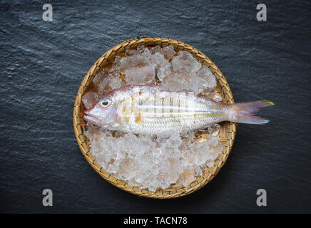 Fisch und Meeresfrüchte Fisch Platte Ozean gourmet frischen, rohen Fisch auf Eis Warenkorb auf den Stein dunklen Hintergrund Stockfoto