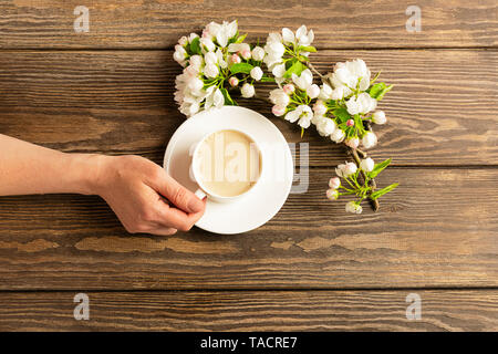 Eine heiße Tasse aromatischen Kaffee in weibliche Hände und ein blühender Apfelbaum Filiale auf einer hölzernen Hintergrund. Flache Layout. Stockfoto