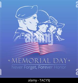 Memorial Day. Blue vector Plakat mit einem Gesichter der amerikanischen Soldaten. Rang von profil portraits. Airborne Fallschirmjäger, Marine, rifleman und minuteman Stock Vektor